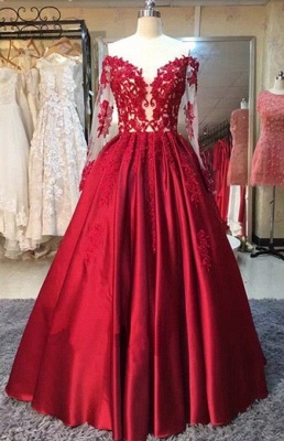 Lace-Appliques Off-the-Shoulder Puffy Red Long-Sleeves Prom Dress UKes UK BA5004_1