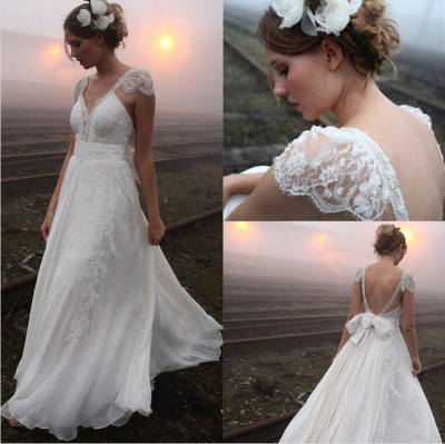 Elegant Summer Beach Wedding Dresses UK Cap Sleeve Lace Long  Bridal Gowns_3