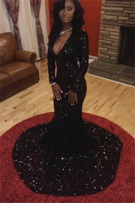 Elegant Black Long Sleeve Prom Dress UK Sequins Mermaid Party Gowns CE047 BK0_2