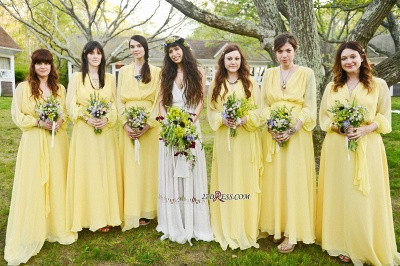 Chiffon Chic Long-Sleeve V-Neck Yellow Bridesmaid Dress UK_2