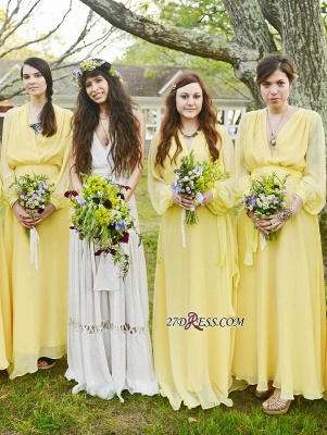 Chiffon Chic Long-Sleeve V-Neck Yellow Bridesmaid Dress UK_3