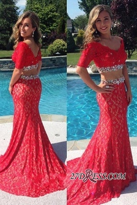 Two-Pieces Mermaid Crystal Lace V-Neck Red Homecoming Dress UK_2