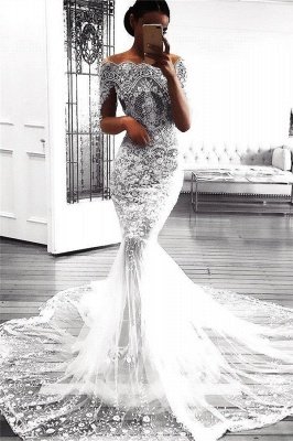 Sexy Mermaid Long Sleeve Lace Wedding Dress | Flowers See Through Tulle Bride Dress_1