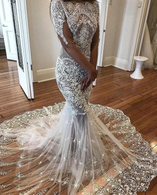 Sexy Mermaid Long Sleeve Lace Wedding Dress | Flowers See Through Tulle Bride Dress_4