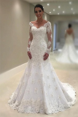Elegant Tulle Long Sleeves Wedding Dresses UK | V-Neck Sexy Mermaid Appliques Bridal Gown_1