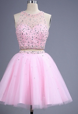 Pink two Pieces Short Prom Dress UK Beadings Tulle Homecoming Dress UK_3